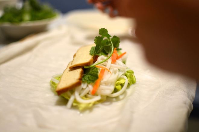 Spring roll mid-preparation